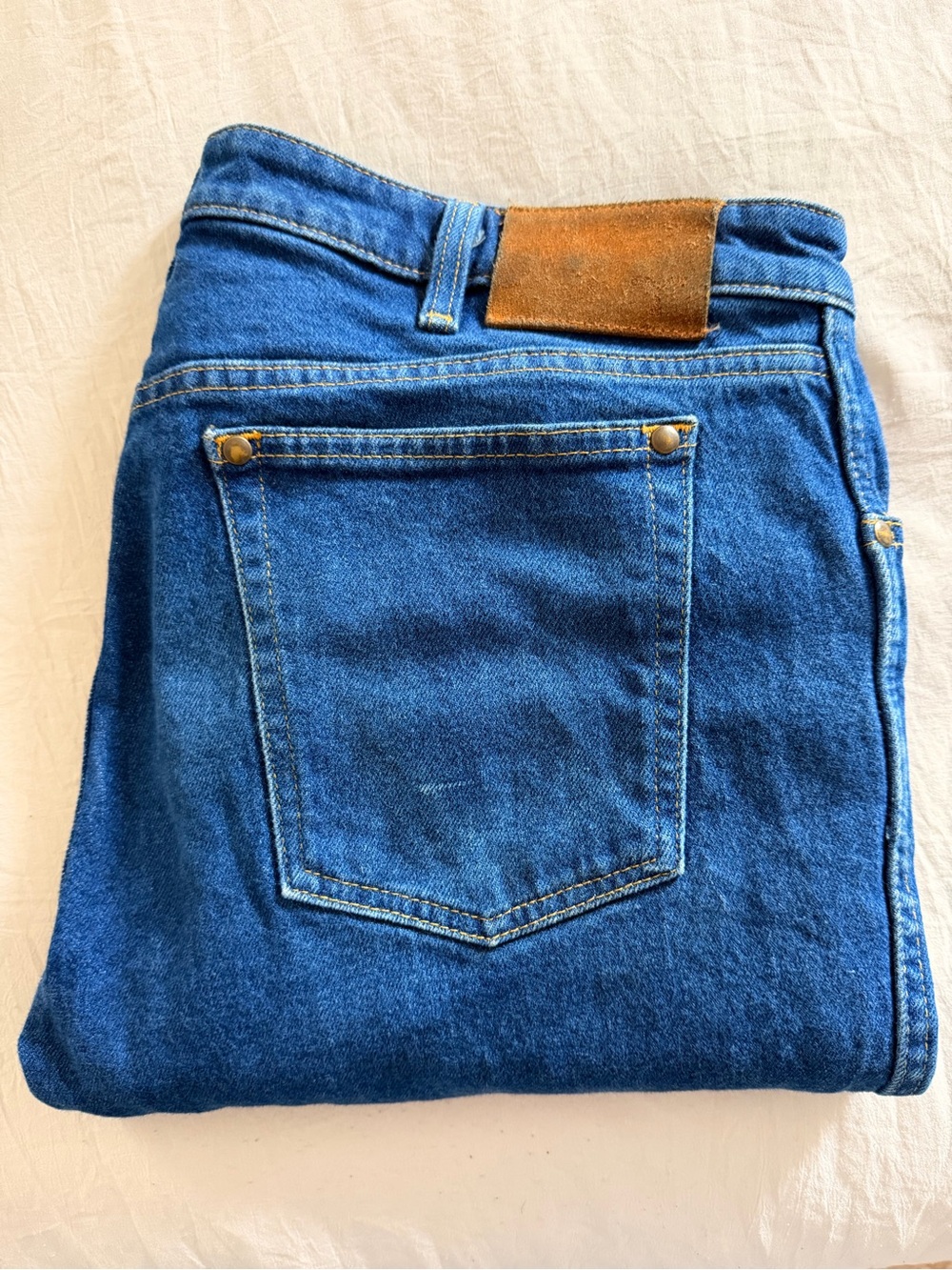 Tecovas Men's Blue Straight Denim Jeans with Brown Patch
